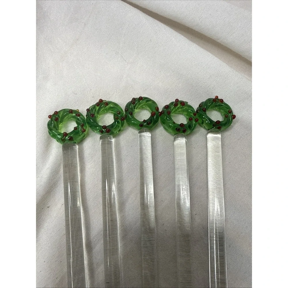 Handblown Holiday Glass Cocktail Drink Stirrers Xmas Wreath 5 Swizzles Bar Vtg